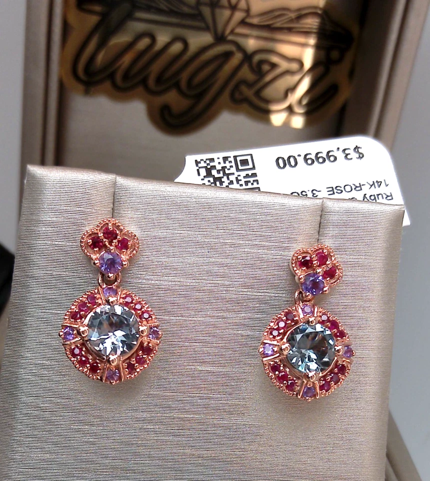 💥$4000- PENDIENTES COLGANTES HALO ESPINELA AMATISTA NATURAL, RUBÍ Y ORO ROSA 14K💥 Foto 4 de 4