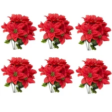 6 Pack Artificial Poinsettia Bushes,13.8 Inch Faux Red 7 Stems Velvet Poinset...