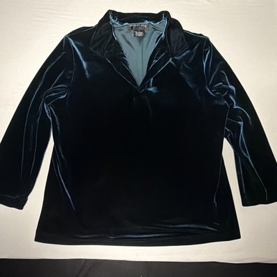 August Silk Women's Velvet Top Sz L Dark Green Collared V-Neck Pullover Goth
