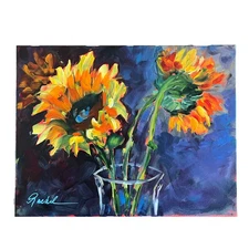 11 X 14 Original Loose Floral Sunflowers In Vase Painting On Canvas
