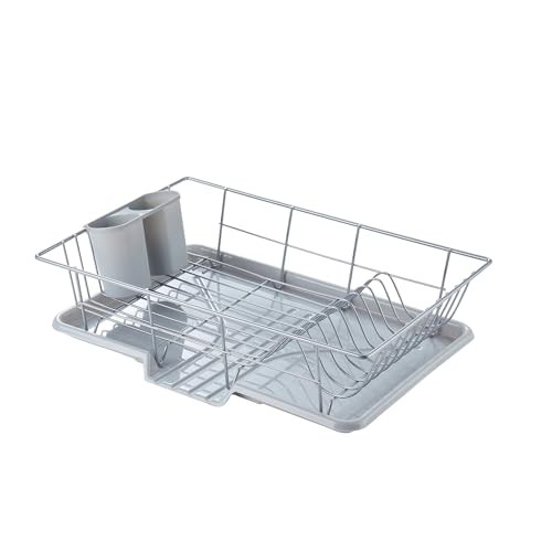 Space-Saving 3-Piece Dish Drainer Rack Set with Cutlery Holder - Silver