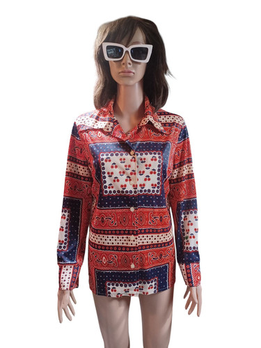 True VTG 1960s 1970s Mid-century Polyester Groovy Ladies Blouse Top Mod L/XL MCM - Picture 1 of 13