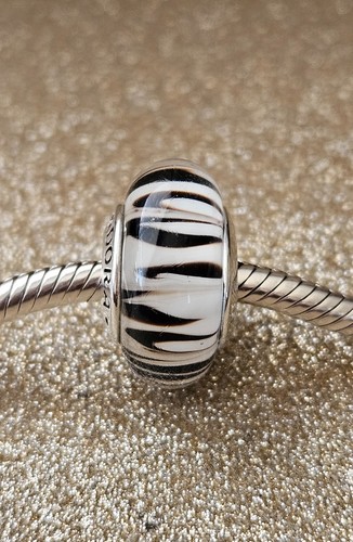 Authentic Pandora Silver Animal Print Zebra Murano Charm