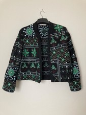 Zara Black Green Embroidered Embellished Mirror Cotton Boho Jacket Large Used