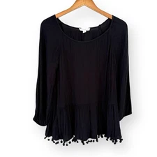 Beach Lunch Lounge Peplum Top Blouse Womens Size S Black Pom Pom Trim Ruffle
