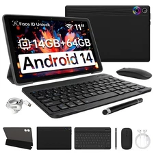Tablet 11 Inch Android 14, 14GB RAM 64GB ROM 1280x800 IPS w Keyboard/Mouse Set