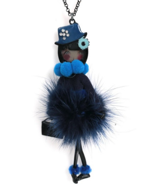 LOLILOTA NECKLACE PENDANT French Jewel Designer Enamel Doll Necklace Blue / fur