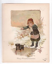 CHROMOLITHOGRAPH. VINTAGE "VERY VENTURESOME". Girl, Puppy & Winter