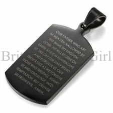 Military Black Dog Tag Pendant w/ ENGLISH Bible Prayer Mens Long Chain Necklace