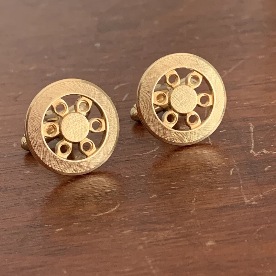 Gemelos Anson vintage años 70 tono dorado círculo redondo diseño calado geométrico Foto 2 de 4