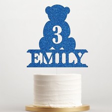 Teddy Bear Cake Topper Personalised Name & Age Glitter Kids Birthday Party Decor