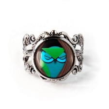 Cute Paper Craft Owl Teal Cartoon Handmade Silver Filigree Glass Ring