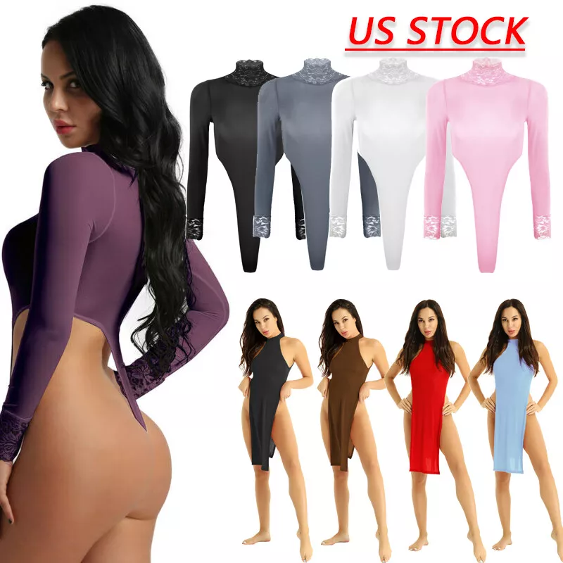 Women's Lingerie One Piece High Cut Leotard Thong Bodysuit Long Sleeve Lace  Tops