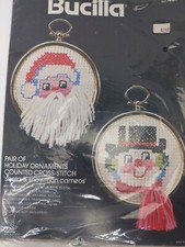Bucilla Pair of Holiday Ornaments Counted Cross Stitch Santa Snowman cameo 48788