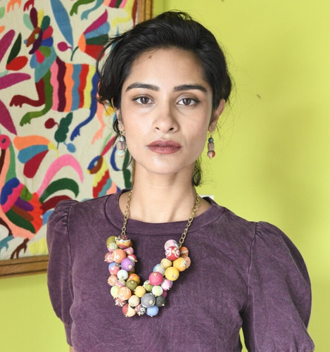 Fair Trade Statement Necklace Beads Chain Boho Cluster Kantha Hand Made Upcycled - Picture 2 of 10