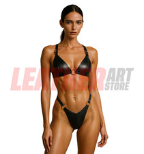 Handmade Black Leather Bikini Lingerie Set – Triangle Top & High Cut Bottom,Gift