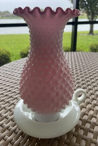 Vintage Fenton Peach Blow Hobnail 8 Inch Hurricane Lamp. No Damage!