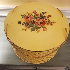 VINTAGE WOOD/WICKER HAT BOX/SEWING BOX YELLOW FLORAL STRING HANDLE COUNTRY 