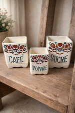 3 pots à épices anciens en faïence – Poivre Café Sucre – Décor vintage années 30