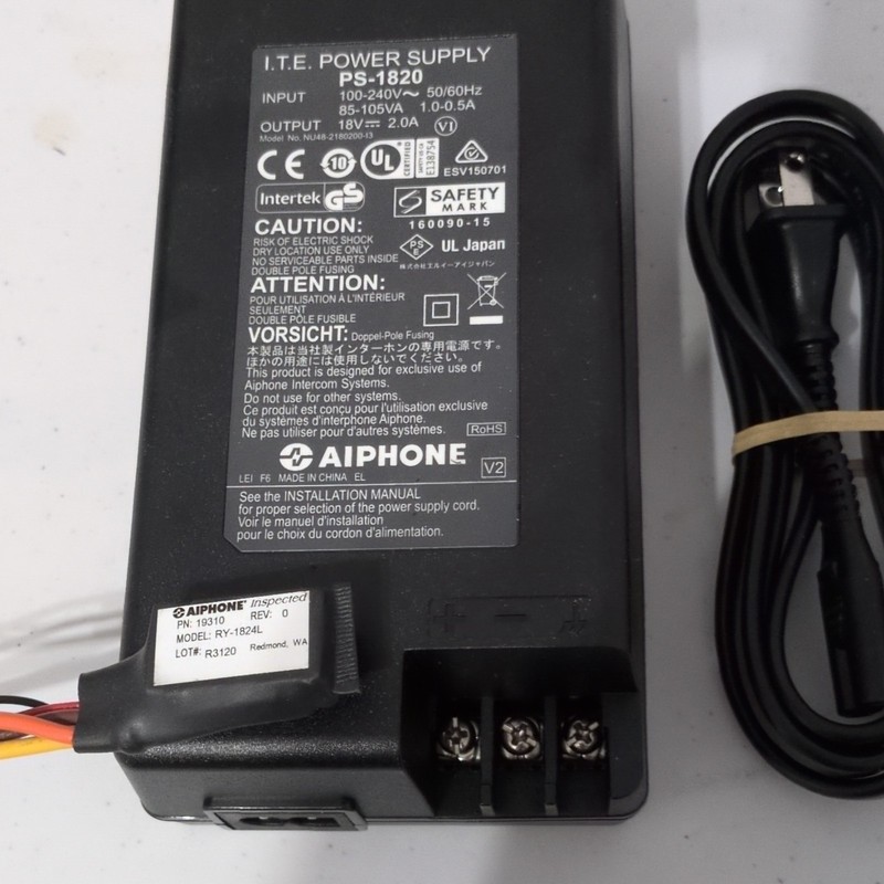 Aiphone PS-1820 Power Supply MPN PS-1820, 18V 2.0A, AC 100-240V 50/60Hz