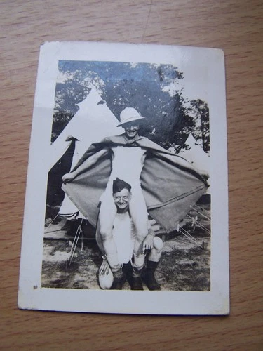 WW2 Military Soldier Portrait Two Men Messing About Vintage Photo Tent Camp