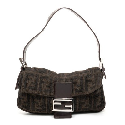 Authentic FENDI Wool knit Mamma Bucket one belt Shoulder Bag Brown 