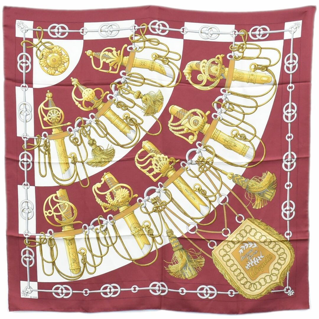 Genuine Hermes Scarf Carre 90 Cliquetis Ticking Sword Pattern Shawl Silk Bordeau
