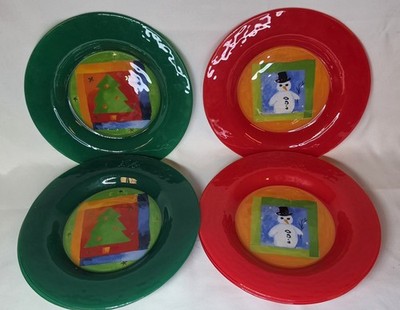 Dibbern SnowMan & Christmas Trees 8.25''Dessert Plates Red Green Glass Lot Of 6