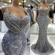 Luxury Gray Mermaid Prom Dresses Sleeveless Satin Crystal Beaded Evening Gowns