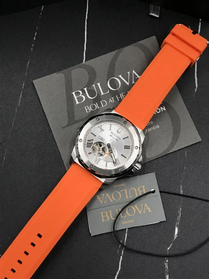 宝路华 Marine Star 98A226 自动男士腕表银色表盘橙色橡胶表带腕表 — 第 4/4 张图片