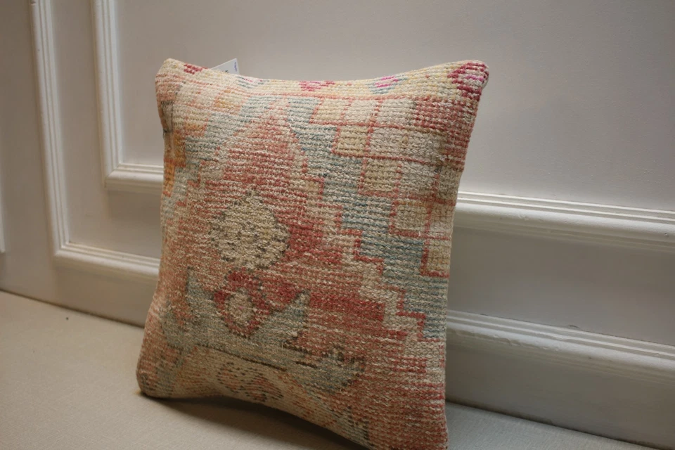 Funda de Almohada Kilim Turco Vintage 16x16" Hecho a Mano Cojín de Lana Tonos Pastel Foto 3 de 4