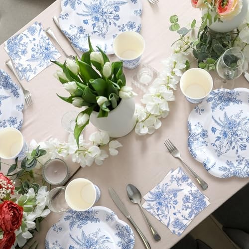  250 Pcs Blue Floral Disposable Plates and Napkins Blue and White Classic - Bild 7 von 7