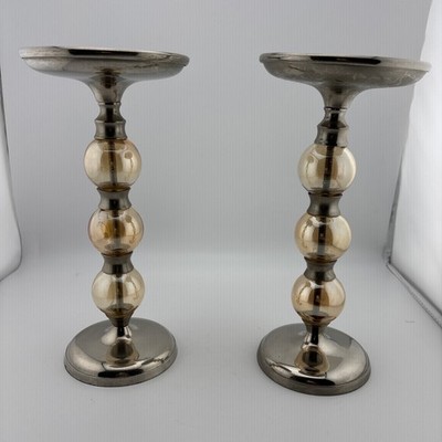 Z Gallerie Pair Of Glass & Nickel Pillar Candleholders-Abacus Design