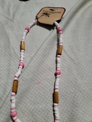 NWT Earth Elements Beach Surfer Tribe Necklace Pink/White Rings Dark Wood Beads 