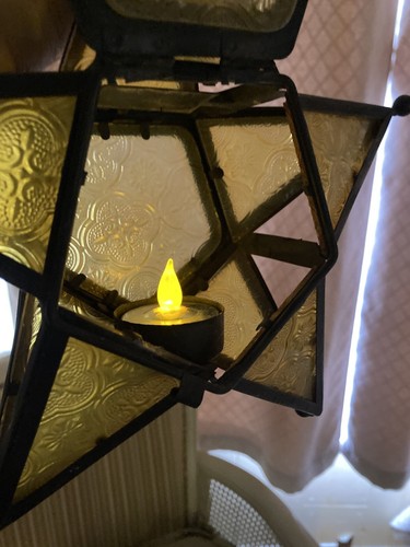 Star Colored Glass Candle Holder Amber Yellow Etched Hanging Lantern10” - Picture 12 of 12