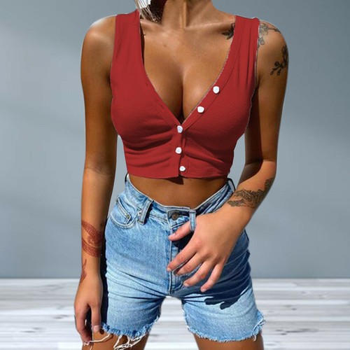 Womens V-Neck Sleeveless Vest Ladies Summer Vest Button Up T-shirts Tank - Picture 15 of 16