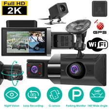 140° Angle GPS WiFi Dash Cam 2K 3 Channel Driving Recorder Car Front+Rear Camera