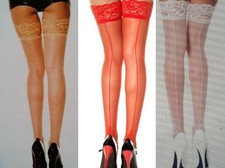 Music Legs Thigh High Stockings Lace Topper Plus Backseam White Beige Red 4119