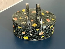 VINTAGE OVAL TIN 2-HANDLED BASKET SEWING BOX BLACK WITH PINK & YELLOW FLORALS