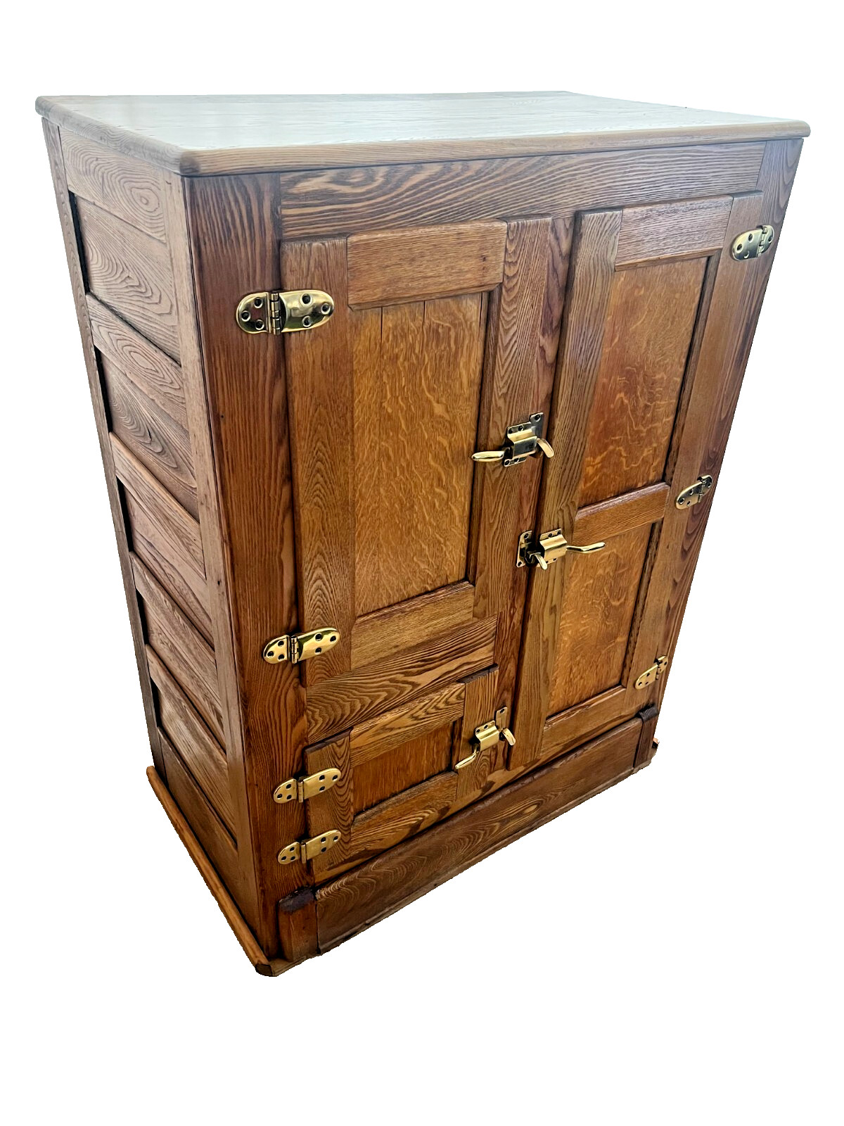Antique Ice Box Three storage cabinets Oak Brass four Racks 1920's