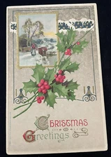Vintage 1912 Christmas Greetings Postcard Embossed Holly Theme