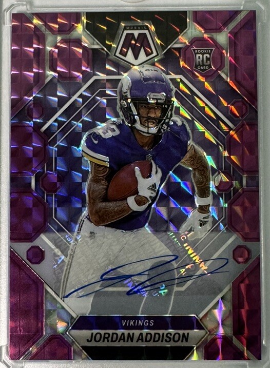 2023 Panini Mosaic Jordan Addison Rookie Auto Purple /49 #337 Vikings