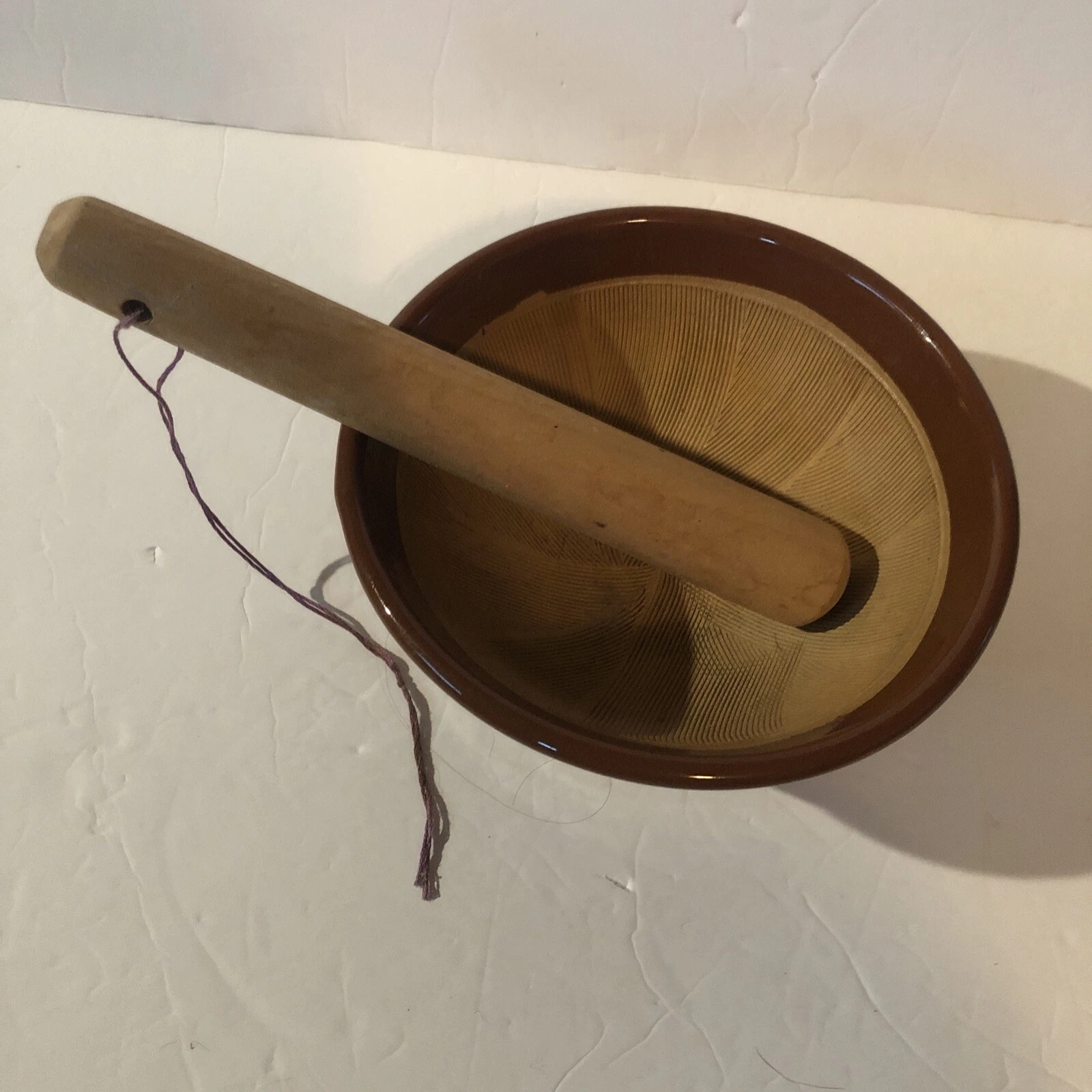 Suribachi 7.25" Food Preparation Porcelain Ceramic Bowl & wood Mortar Japan