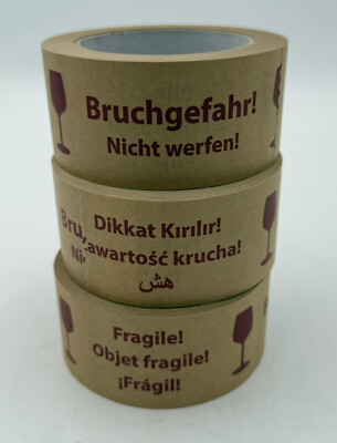 3x 50m Klebeband Bruchgefahr Nicht werfen! Paketband Fragile! Mehrsprachig Rot