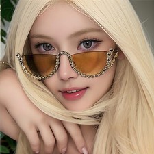 Cat Eye Diamond Sunglasses Women Unique Rhinestone Half Frame Fashion Glasses