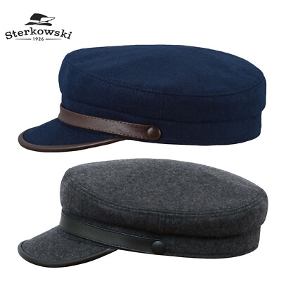 Sterkowski RINGO Wool Leather Fisherman Cap Skipper Seaman Mariner Blue/Gray
