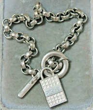 DKNY NY Women's Padlock Rhinestones Silver Tone Chain Link Charm Bracelet 8b 38