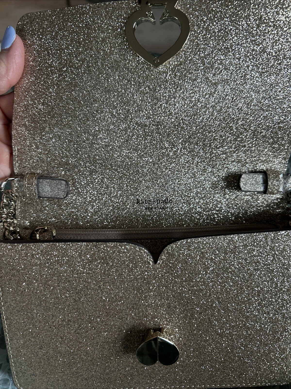 Borsa pochette Kate Spade Nicola oro lucido tracolla portafoglio glitter twistlock