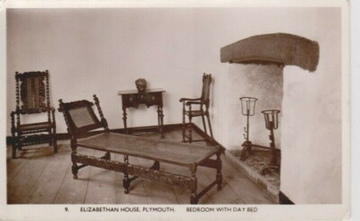PLYMOUTH, DEVON - ELISABETHANISCHES HAUS SCHLAFZIMMER INTERIEUR S/W POSTKARTE