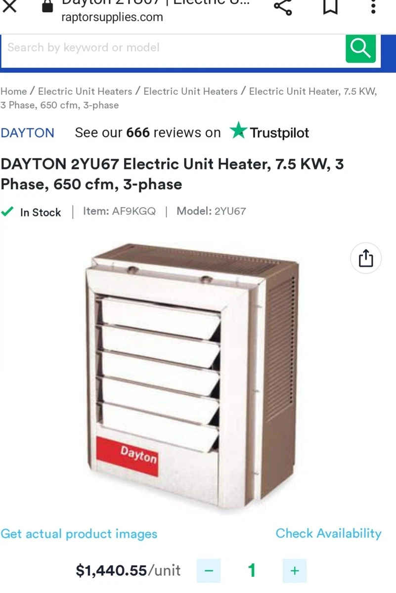 DAYTON 2YU67 Electric Unit Heater, 7.5 KW, 3 Phase, 650 cfm, 3-phase (#20)  | eBay